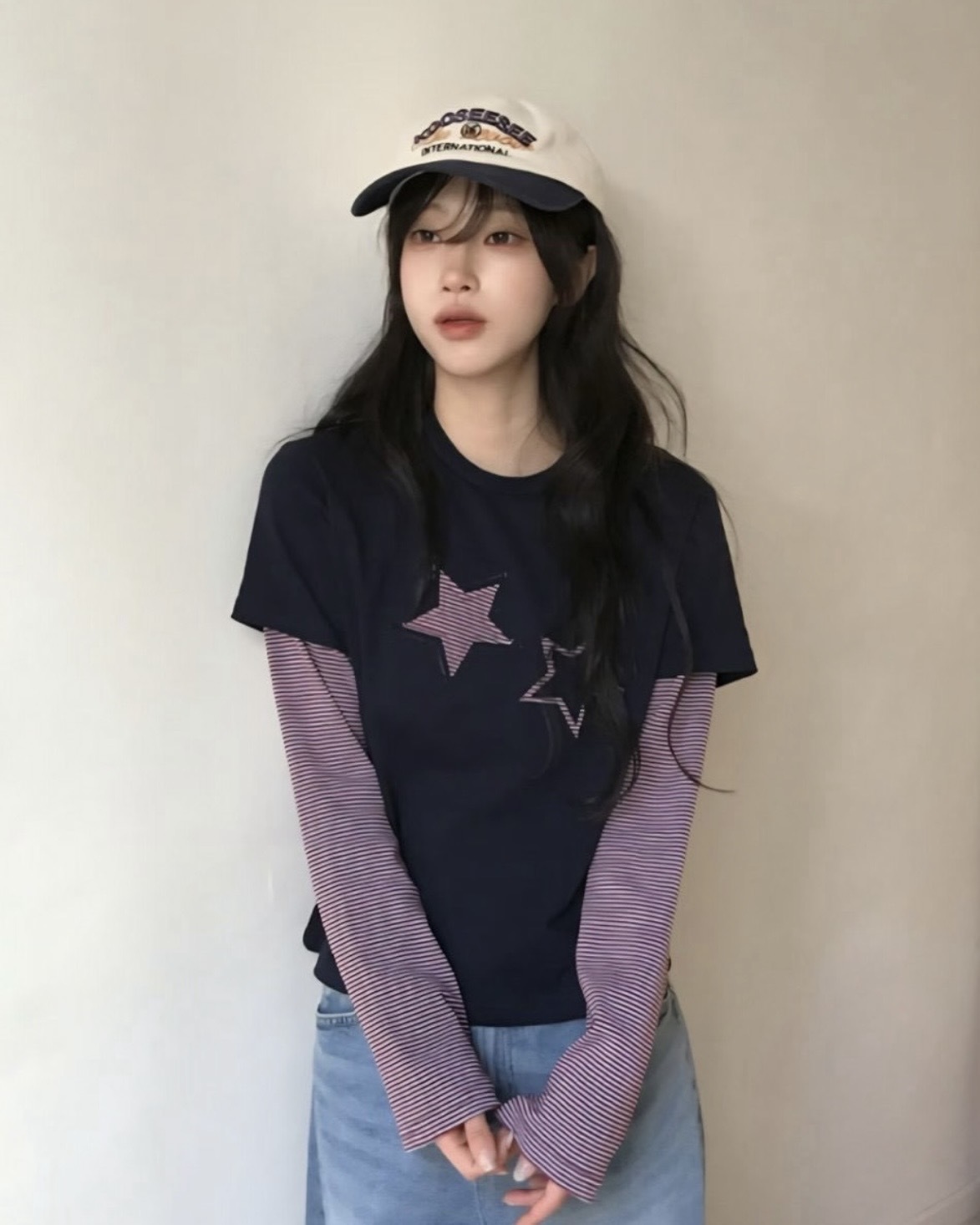 XIN SELECT 韓國 星星 刺繡 貼布 假兩件 撞色 條紋 薄長袖 三色