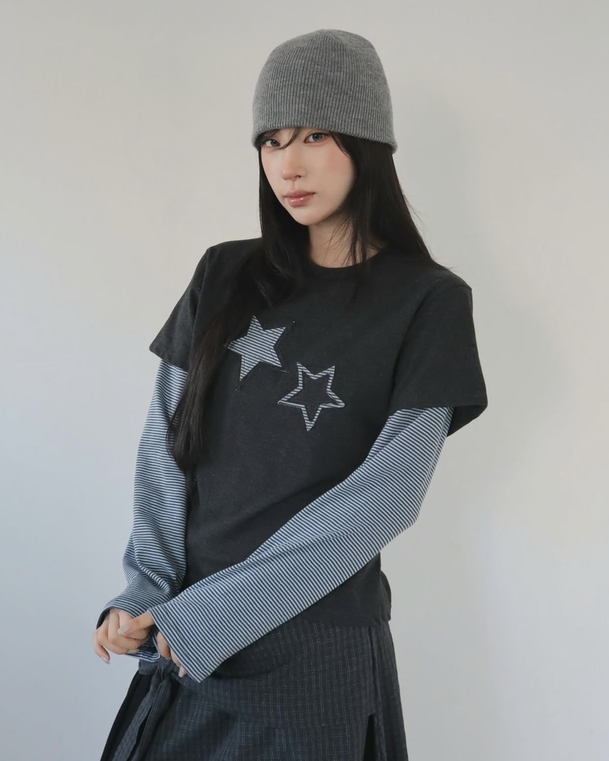 XIN SELECT 韓國 星星 刺繡 貼布 假兩件 撞色 條紋 薄長袖 三色