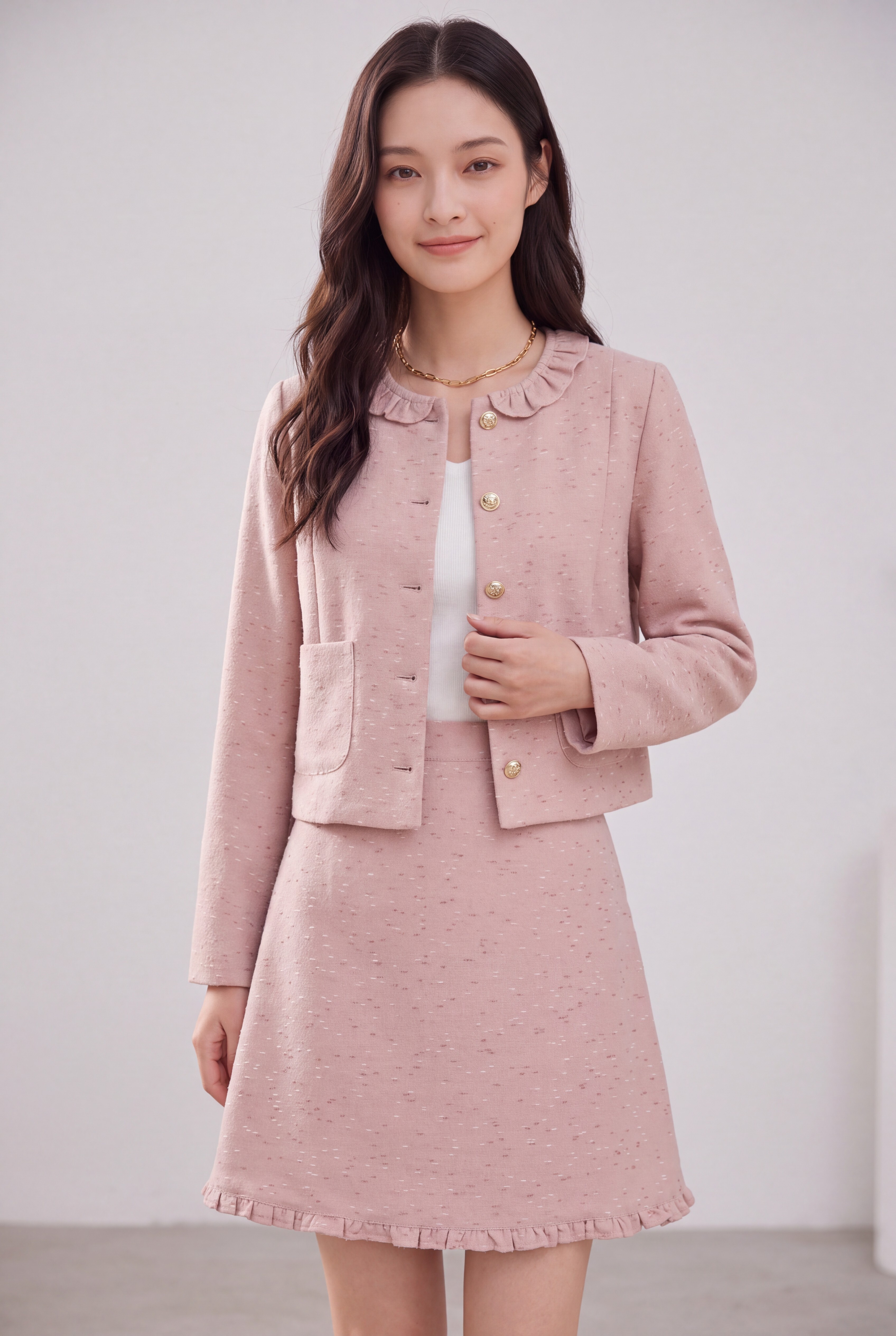 Ruffle Trim Elegant Tweed Jacket JK0017