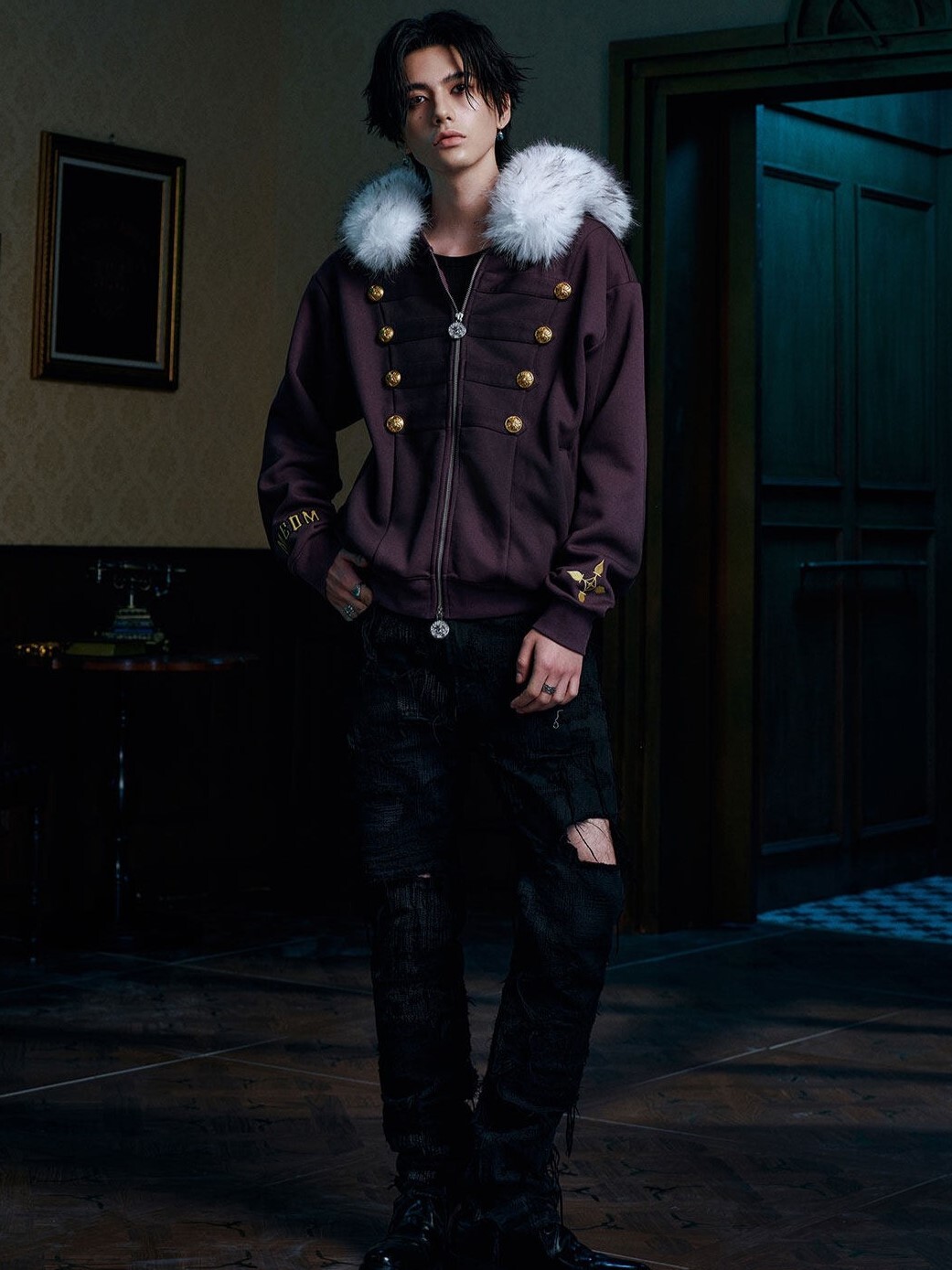 MEDM X Hunter × Hunter Collaboration Series: Kuroro Appliqué Embroidery Fur Collar Zip-Up Jacket