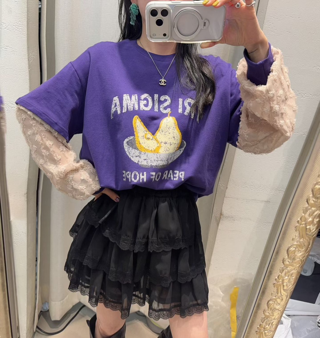 西洋梨蕾絲拚袖t