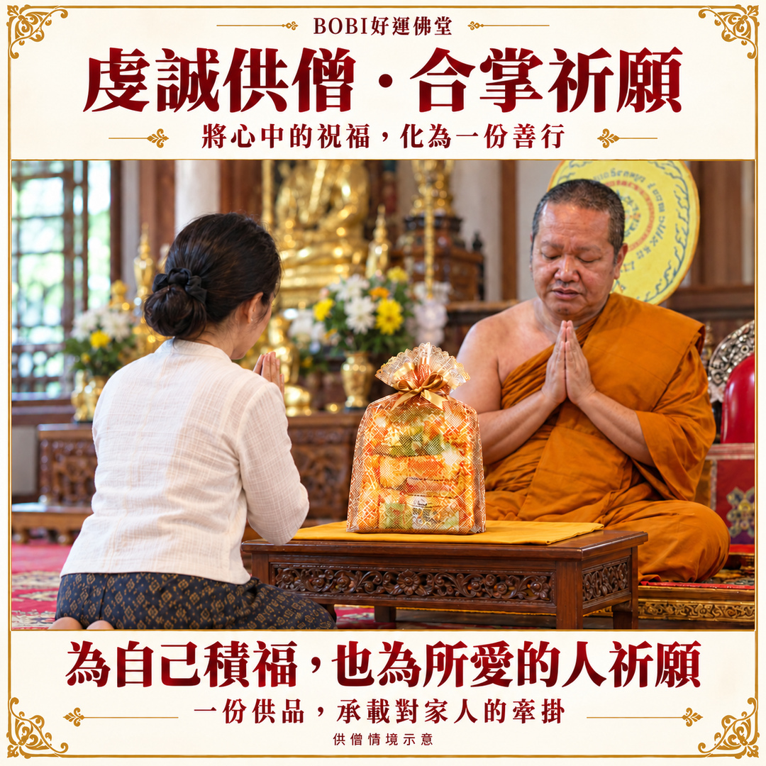 補運小供品供僧情境示意：供品穩放在桌面平鋪的袈裟上，師父與跪地信徒雙手合掌祈願