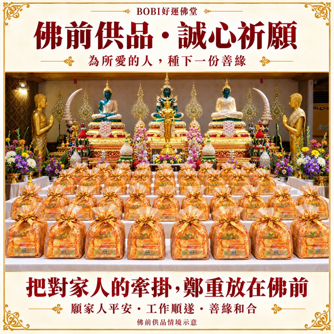 佛前供品情境示意：多份金色補運小供品整齊排列於玉佛主壇前的供桌，呈現集體祈願的莊嚴
