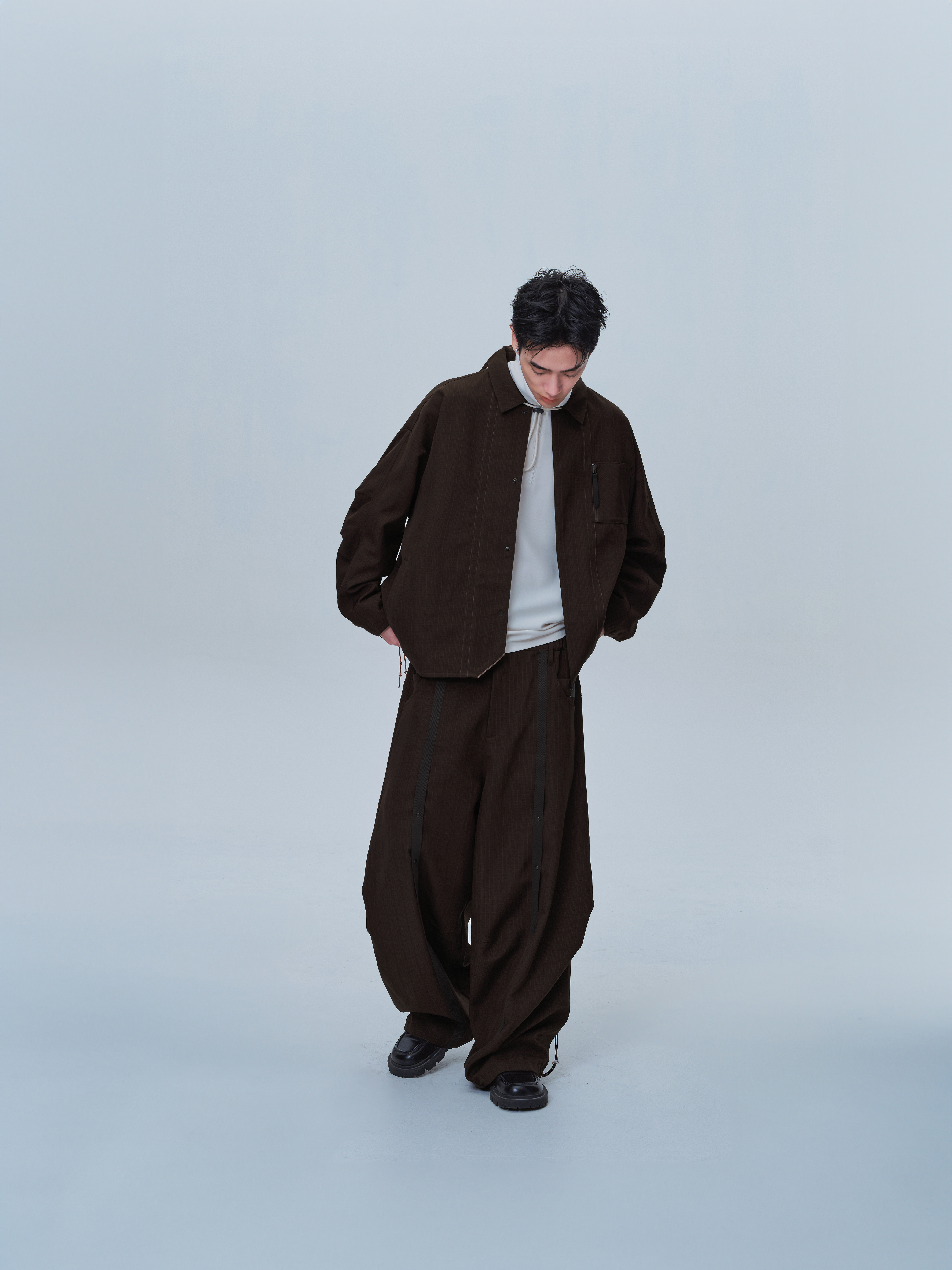 GOOPiMADE DX-9S 條紋長袖口袋襯衫 - Brown