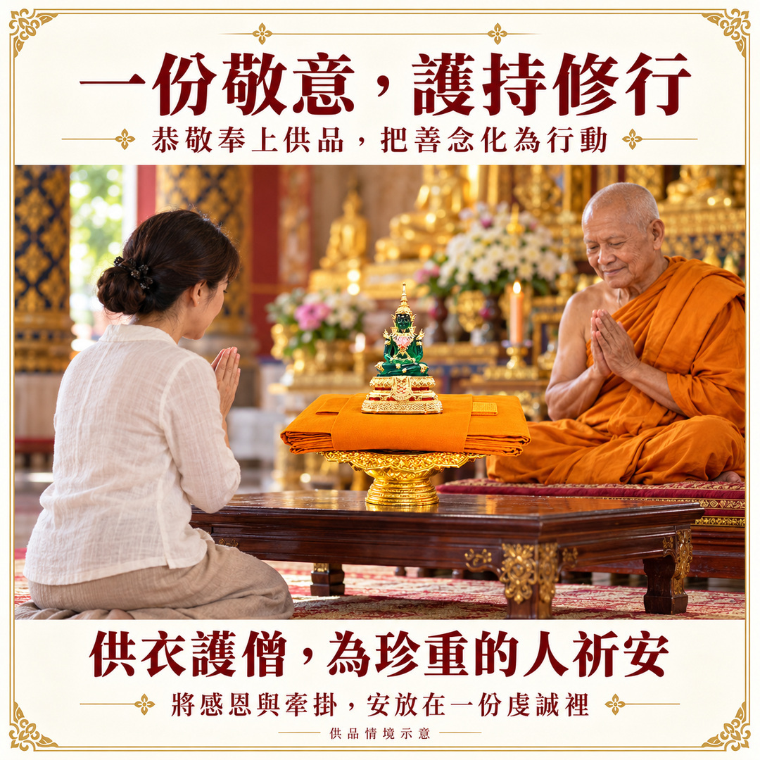 供品情境示意：信徒將袈裟與佛像供品奉至師父面前，供品平穩放在桌上，雙方合掌祈願