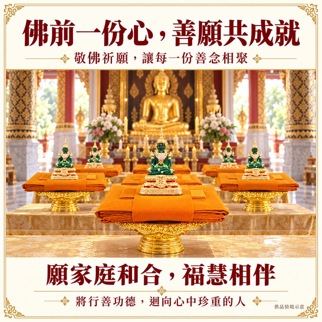 供品情境示意：多份袈裟與佛像供品整齊排列在佛前供桌上，寄託家庭和合與福慧相伴的祈願