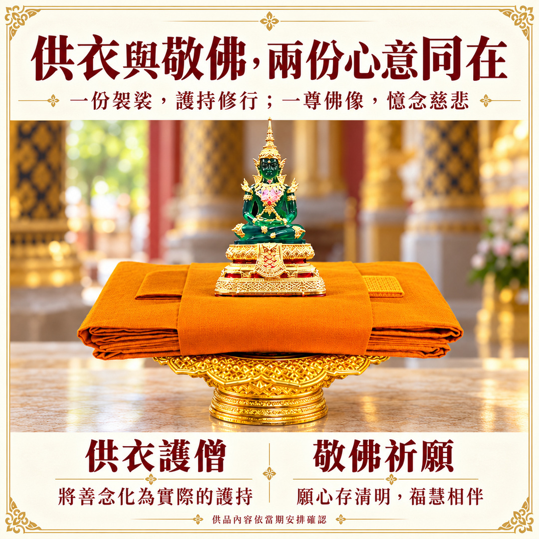 福慧圓滿供品特色：佛像端坐於平放的袈裟與金盤上，呈現供衣護僧及敬佛祈願兩份心意
