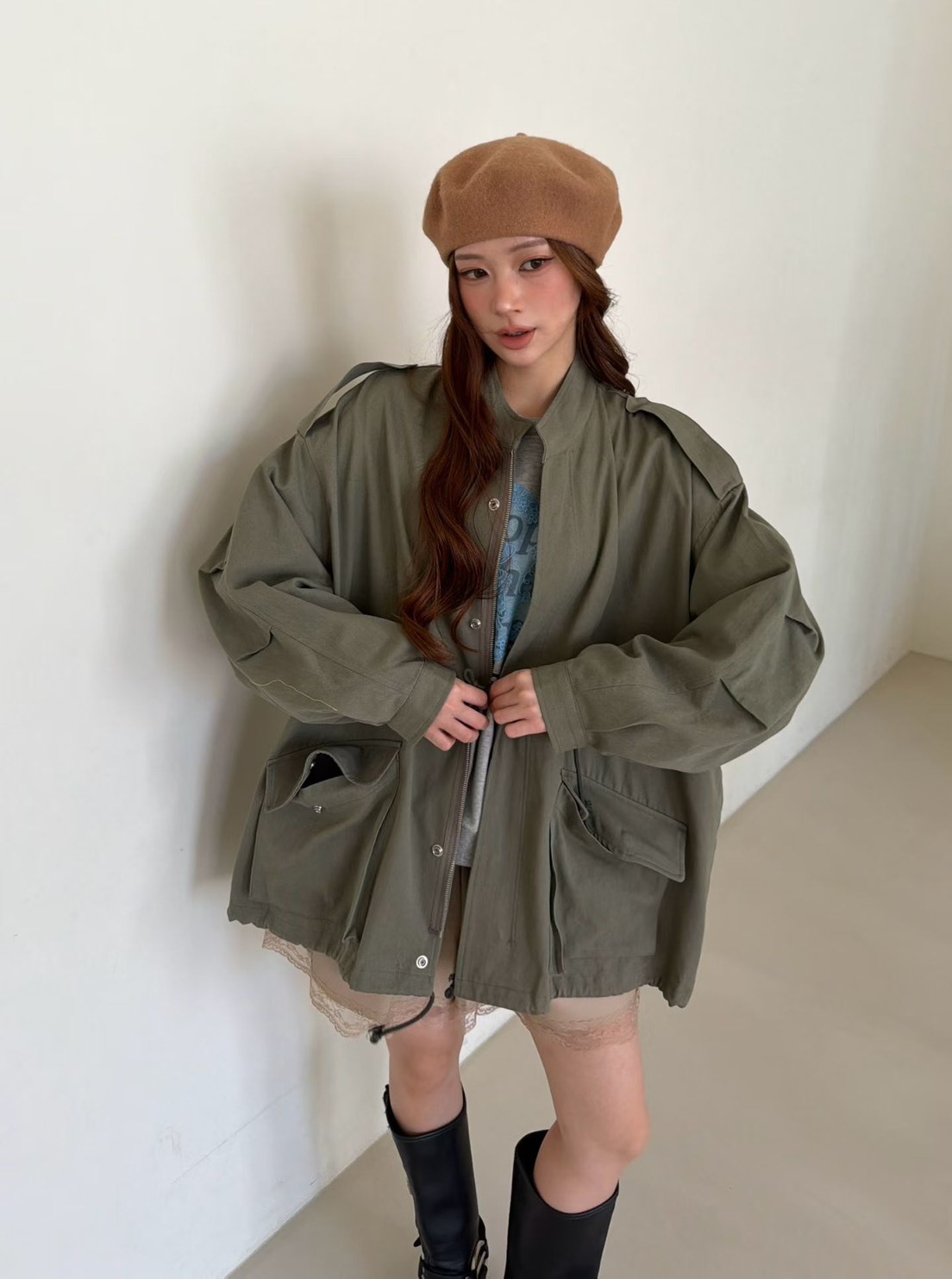 迷彩長版縮腰口袋夾克