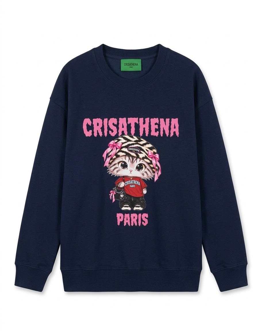 1009CT142-CRISATHENA-FH-「小動物特別收藏款」帶帽貓貓圓領衛衣 (A142 深藍色)