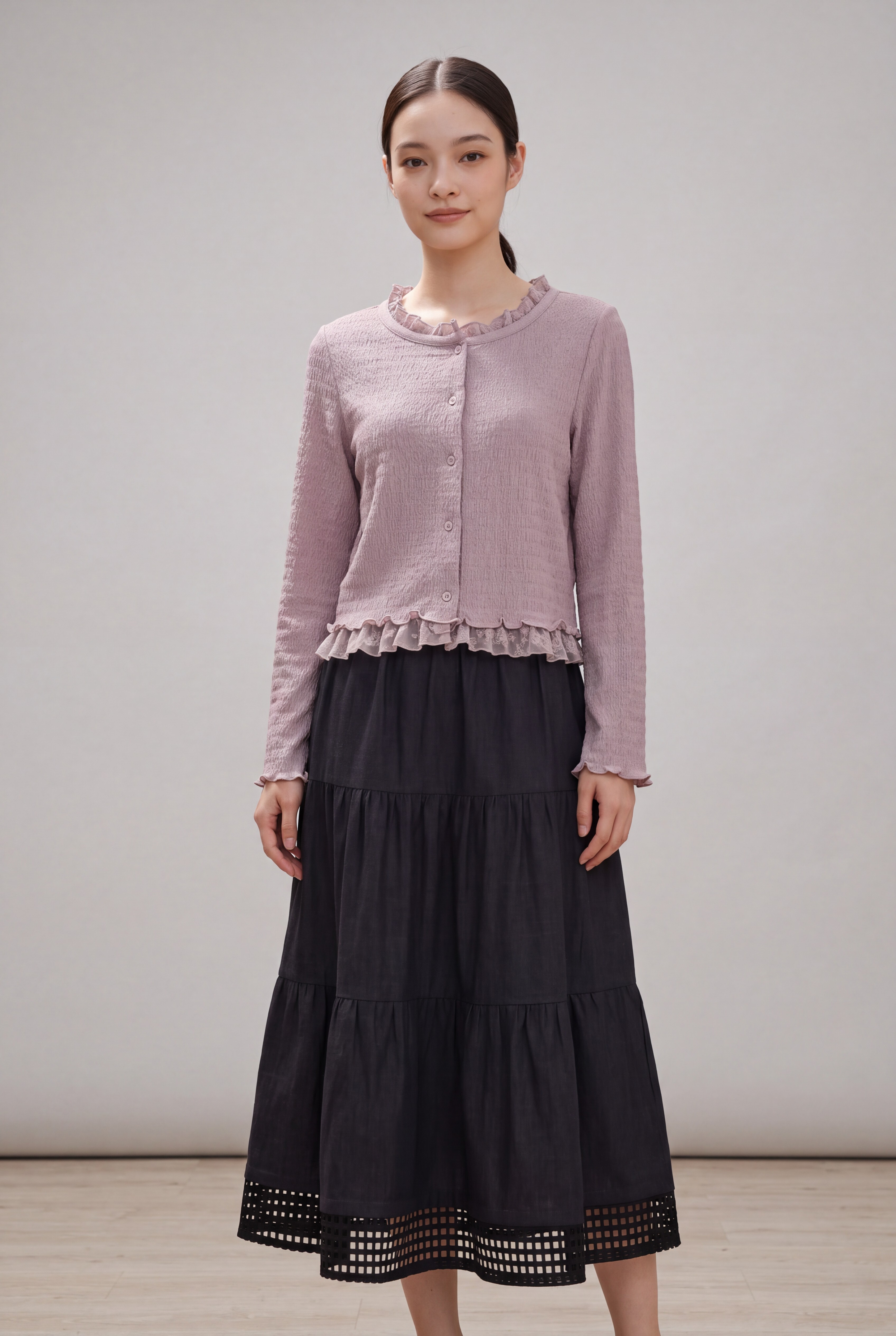 Premium Ruched Coat with Lace Trim