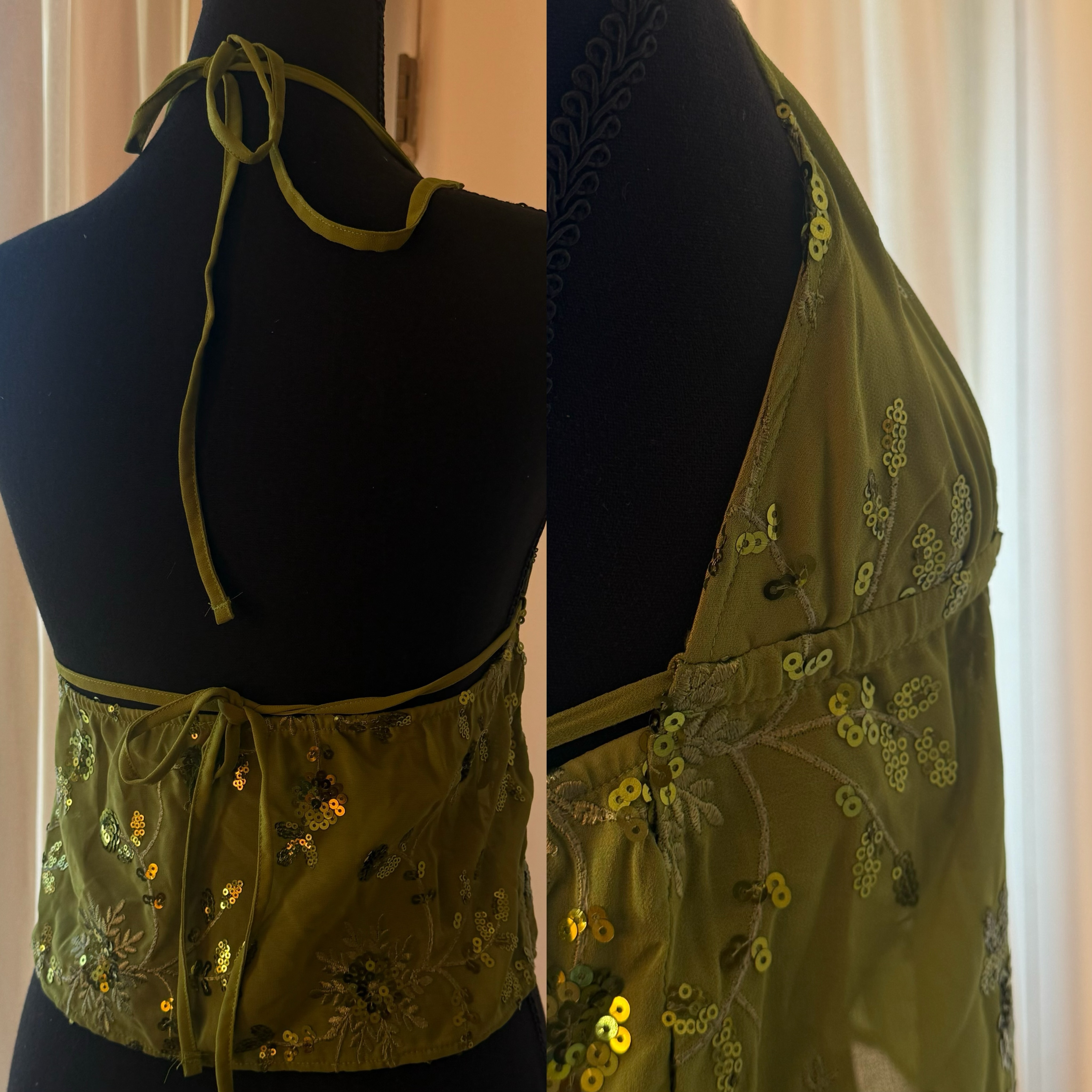 [原石] 美式復古 Vintage 系列 刺繡亮片綁帶上衣 綠