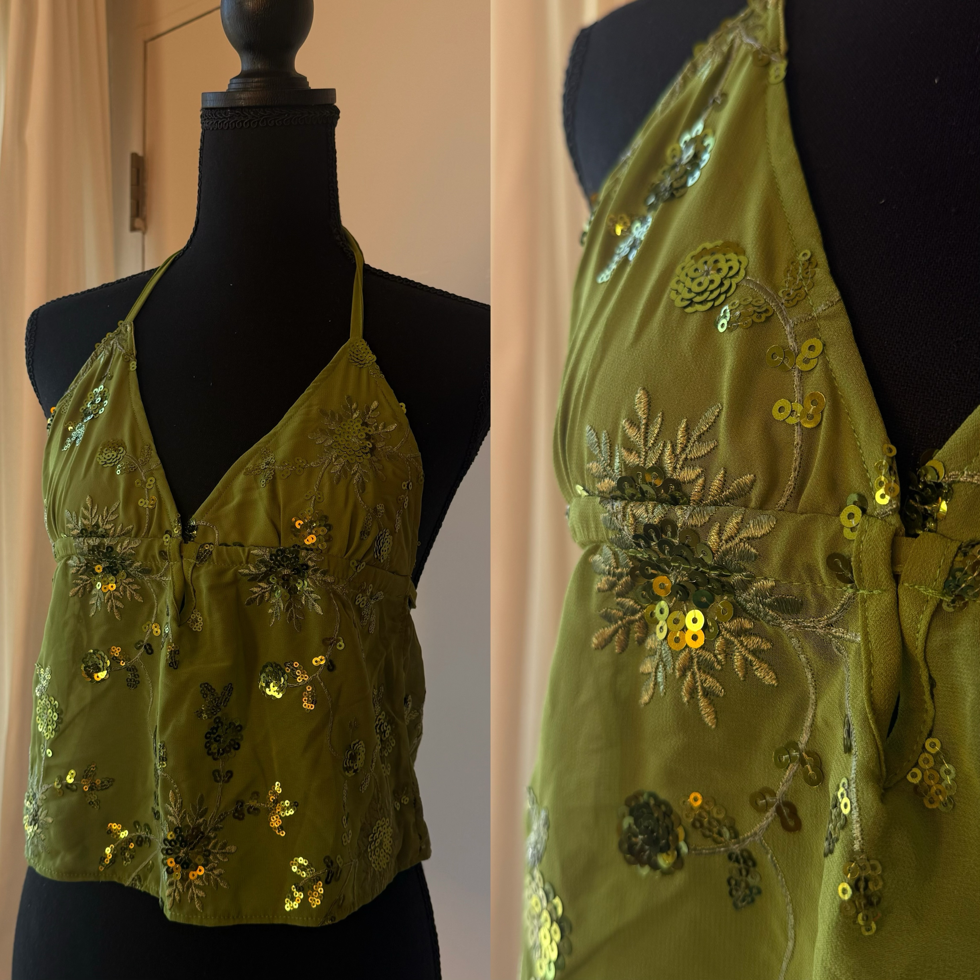 [原石] 美式復古 Vintage 系列 刺繡亮片綁帶上衣 綠