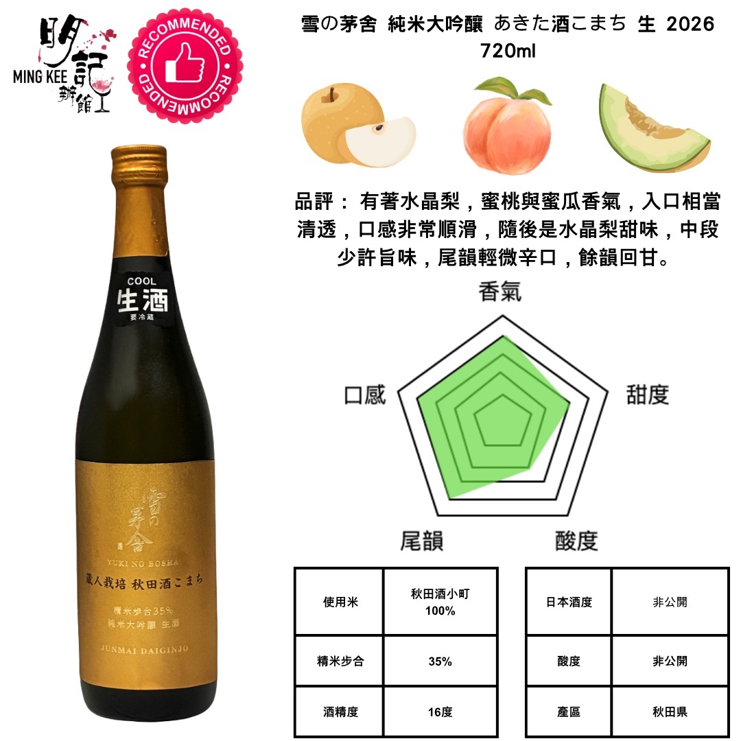 雪の茅舍 純米大吟釀 あきた酒こまち 生 2026 720ml