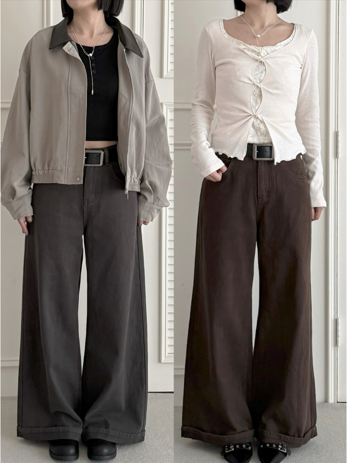 S「FOR GIRLS」激推!!!NJ513 Autumn秋色落地直筒闊腿反摺牛仔褲（2colors)