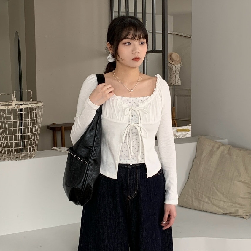 S「FOR GIRLS」溫柔日雜 小碎花捲邊假兩件綁帶長袖上衣（3colors）附髮圈 6031362