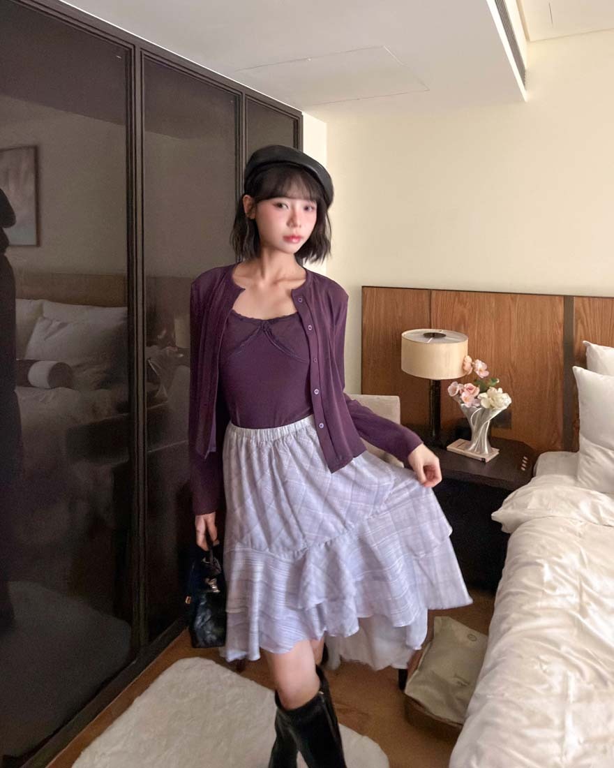 LINA LINA柔美奏曲不規則層次鬆緊格紋長裙-浪漫紫