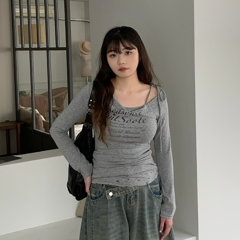 S「FOR GIRLS」一眼被吸引! 星星綁帶斜肩長袖上衣（3colors）8022186