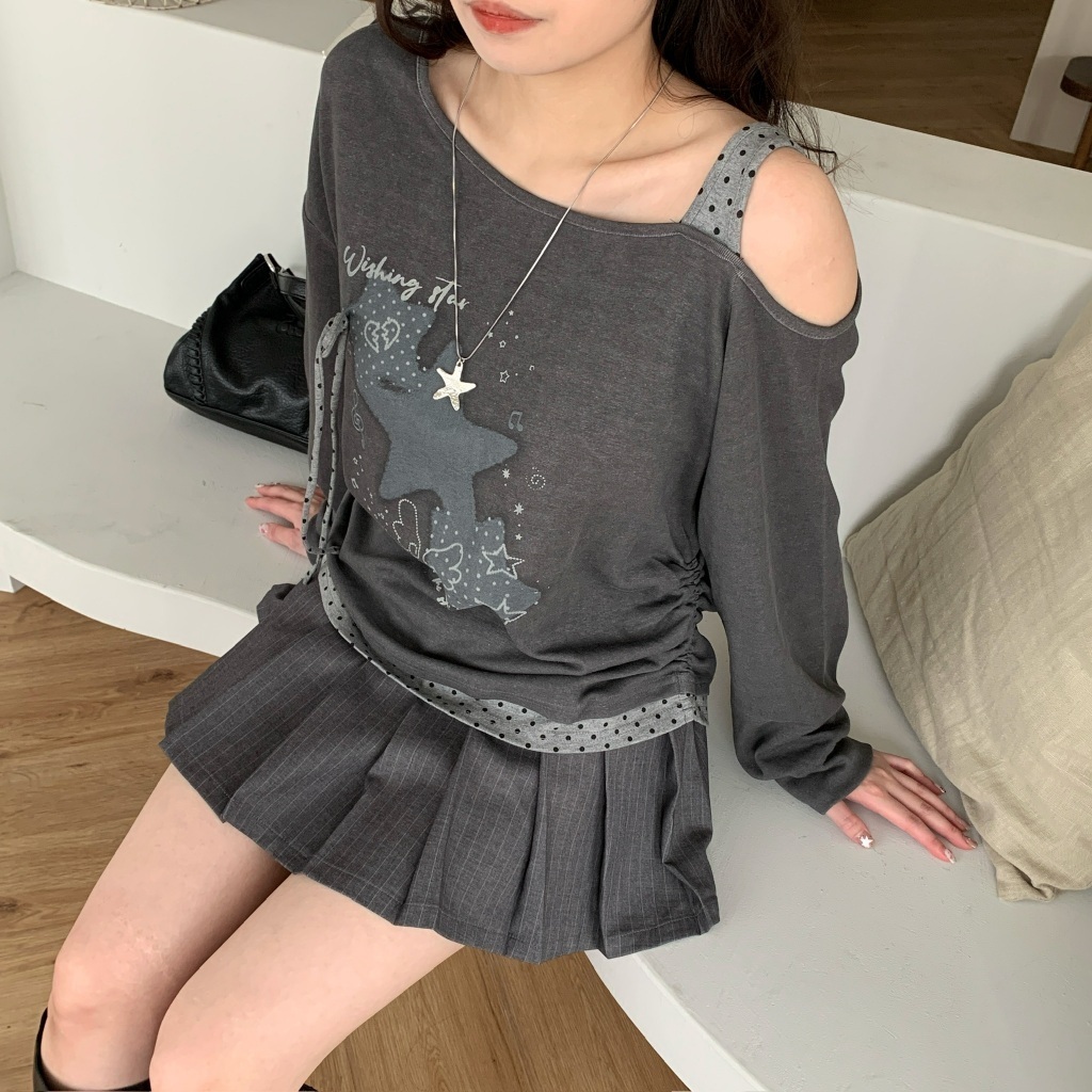 S「FOR GIRLS」俏皮甜酷感! 星星波點抽繩假兩件斜肩上衣（3colors） 508296