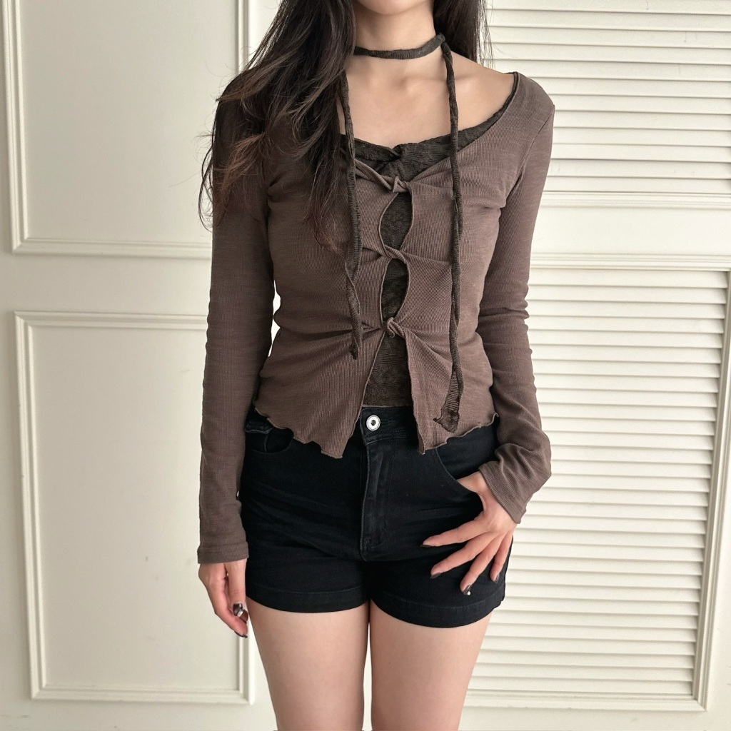 S「FOR GIRLS」早秋溫柔 扭結蕾絲假兩件顯瘦長袖上衣附繞脖（3colors）5021049