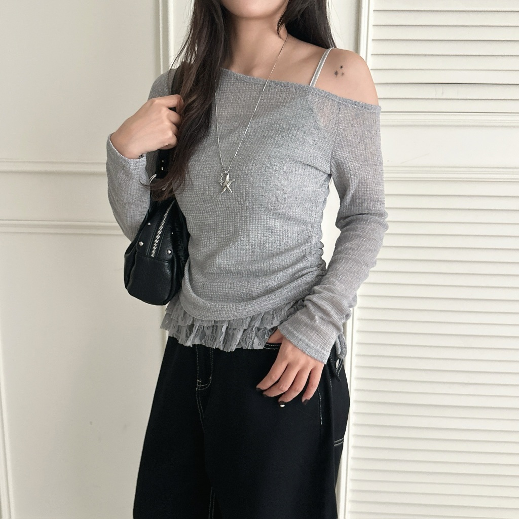 S「FOR GIRLS」聖水洞午後 (1+1)斜肩微透膚蕾絲裙襬小背心上衣（3colors）315