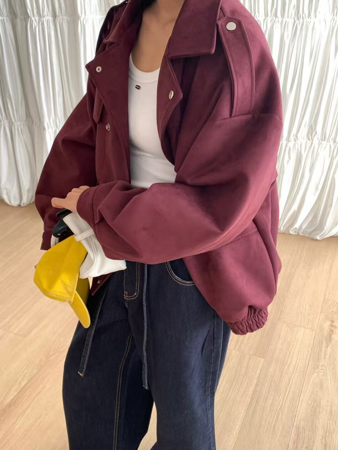 麂皮面長版肩章夾克