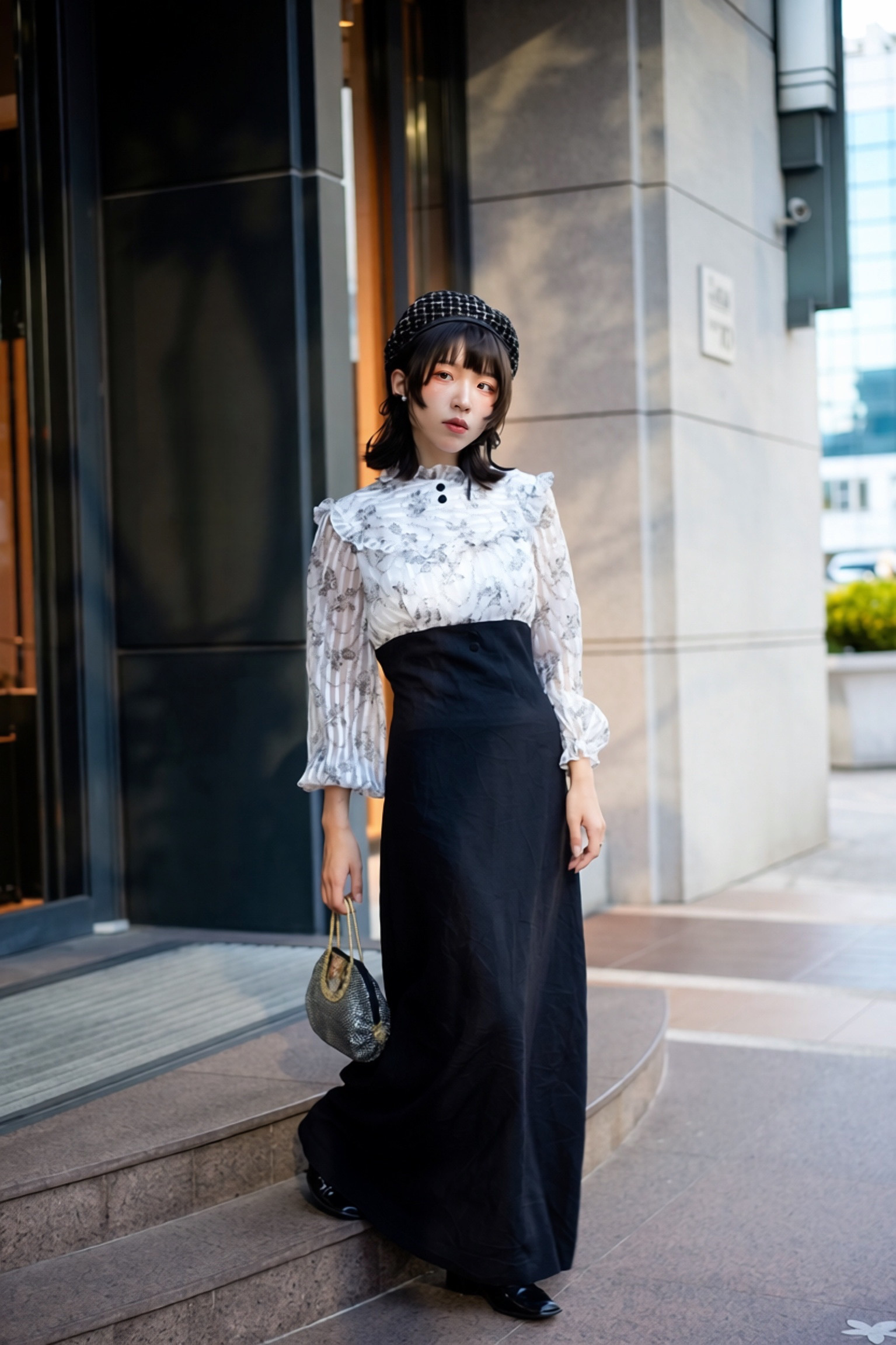 Vintage Edwardian Maxi Dress 愛德華風格黑白花卉拼接長古著洋裝