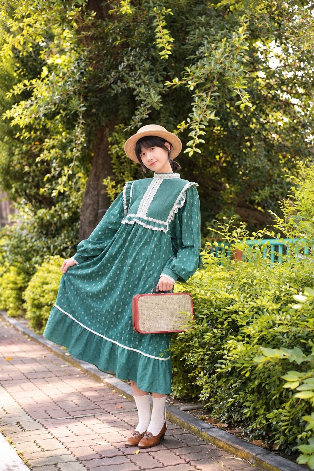 Ellen Tracy Originals 70s Prairie Dress 1970年代蕾絲飾邊綠色草原洋裝