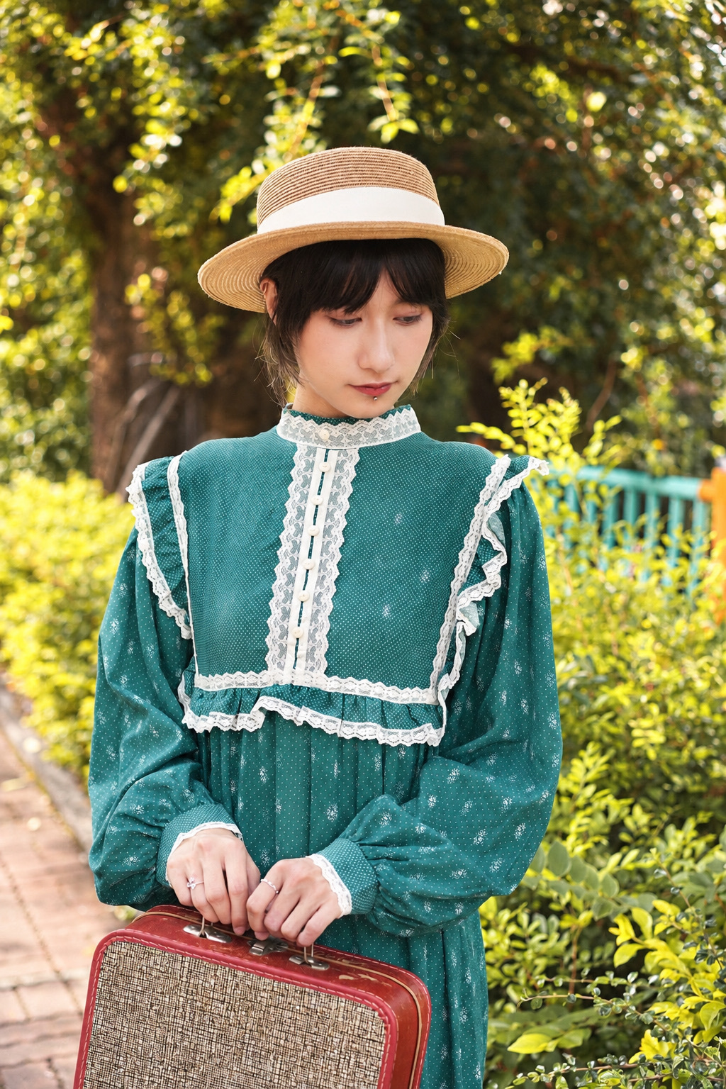 Ellen Tracy Originals 70s Prairie Dress 1970年代蕾絲飾邊綠色草原洋裝