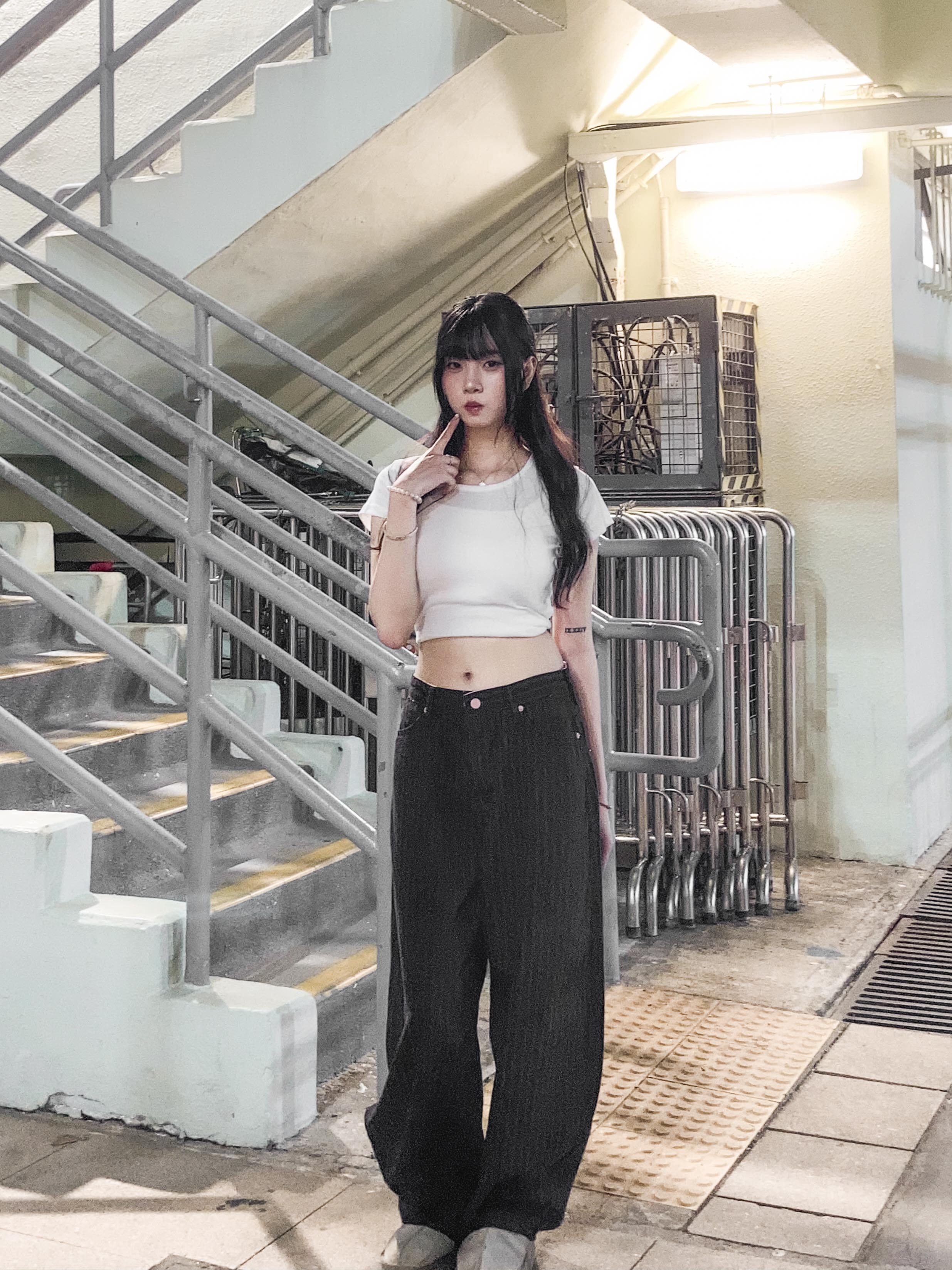 【網站限定優惠】粉紅拼色Belt直紋彎刀褲
