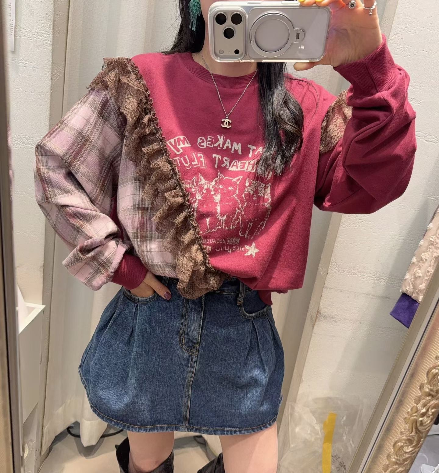 貓咪拚格子衛衣