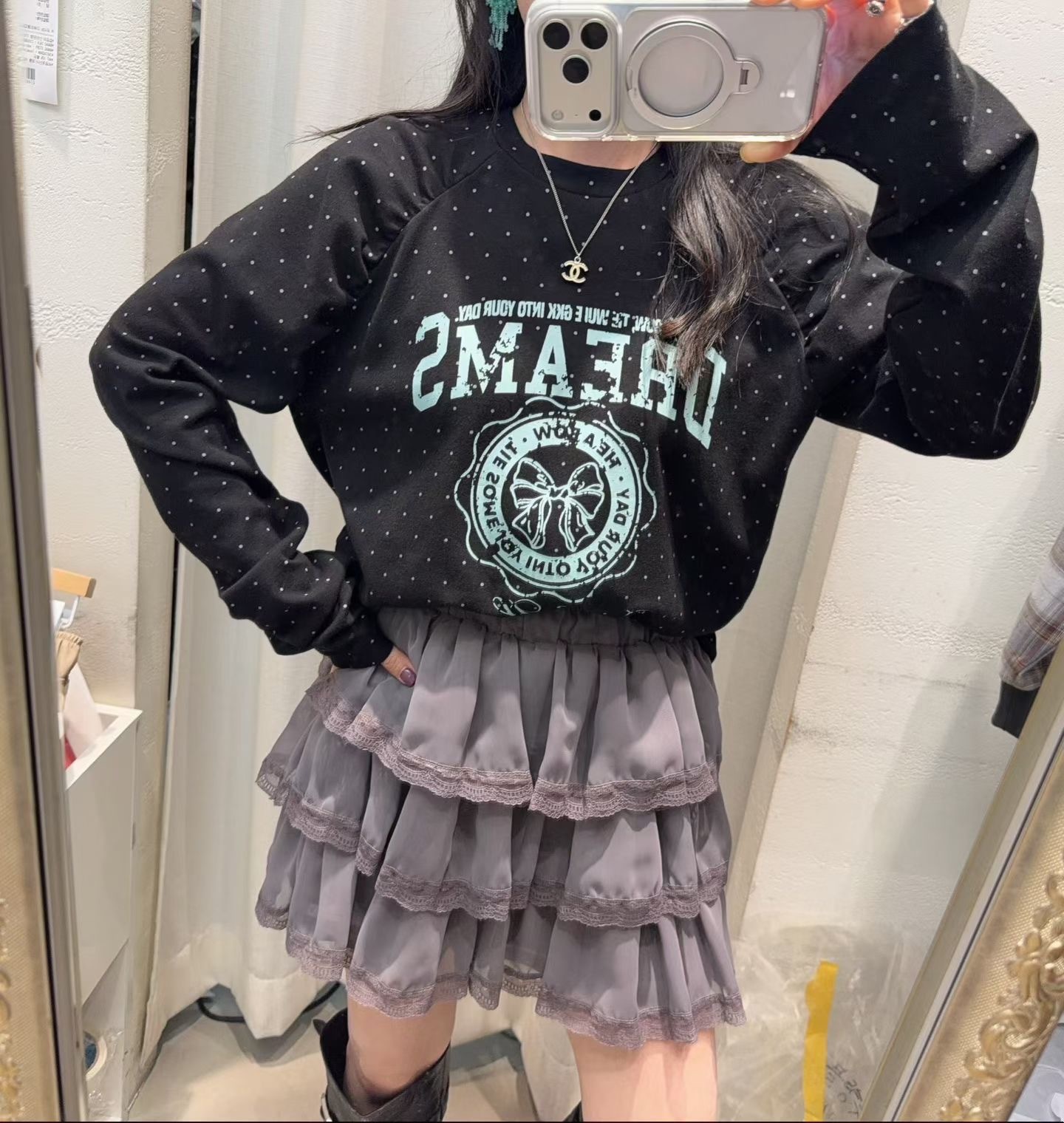 點點抓褶DREAMS長袖T