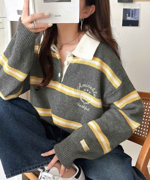 日本🇯🇵連線 Classical Elf 胸口徽章刺繡橄欖球風POLO針織衫 oversize 復古 刺繡 條紋 寬鬆 POLO領 針織 長袖 3色(任買兩件711免運)/預購