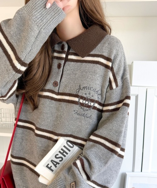 日本🇯🇵連線 Classical Elf 胸口徽章刺繡橄欖球風POLO針織衫 oversize 復古 刺繡 條紋 寬鬆 POLO領 針織 長袖 3色(任買兩件711免運)/預購