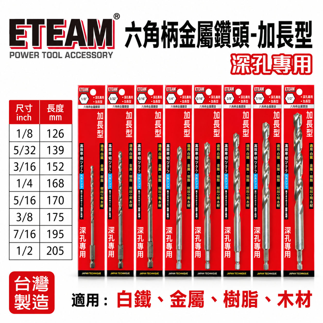 ETEAM 一等｜加長鑽頭 M2高鈷｜加長型六角軸白鐵鑽尾｜1/4" 六角柄金屬鑽頭 經濟型高鈷鑽頭｜台灣製
