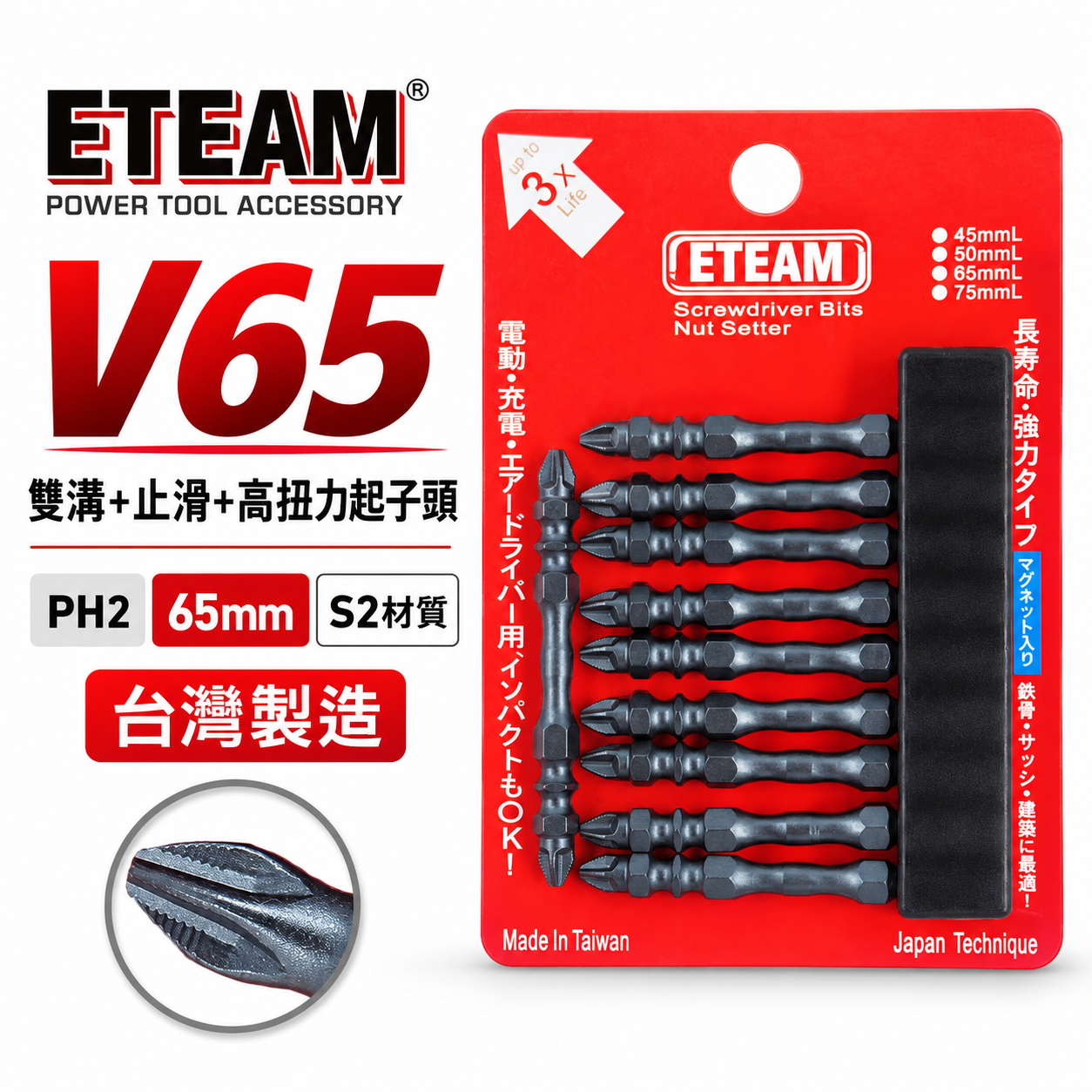 ETEAM 一等｜PH2 長65mm 雙溝+止滑+高扭力起子頭｜防打滑雙十字起子頭 雙十字頭｜V65｜台灣製