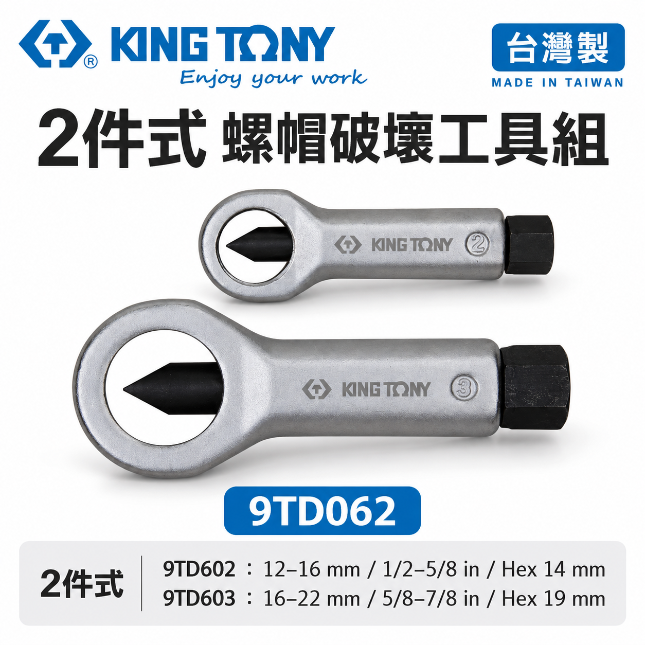 KING TONY 金統立 台灣製｜2件式 螺帽破壞工具組 12-16mm 16-20mm｜9TD062｜台灣製｜公司貨