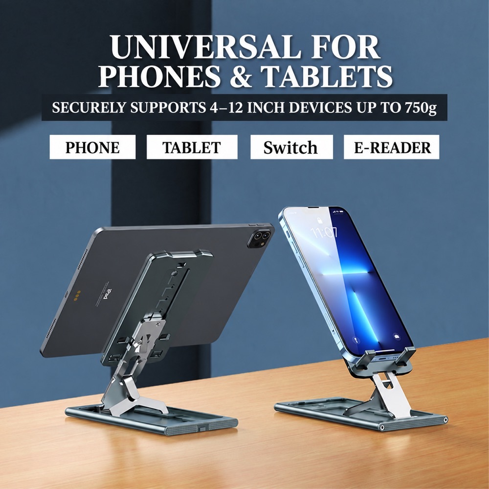 Upgraded titanium alloy phone stand holding a tablet and a phone, supporting 4 to 12 inch devices up to 750 g