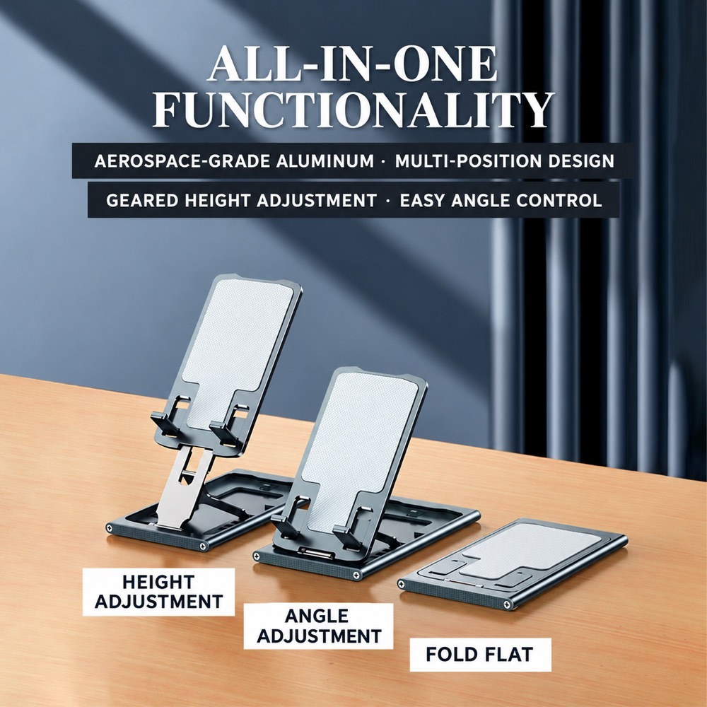 All-in-one foldable stand in aerospace-grade aluminium with geared height adjustment, angle adjustment and fold-flat design