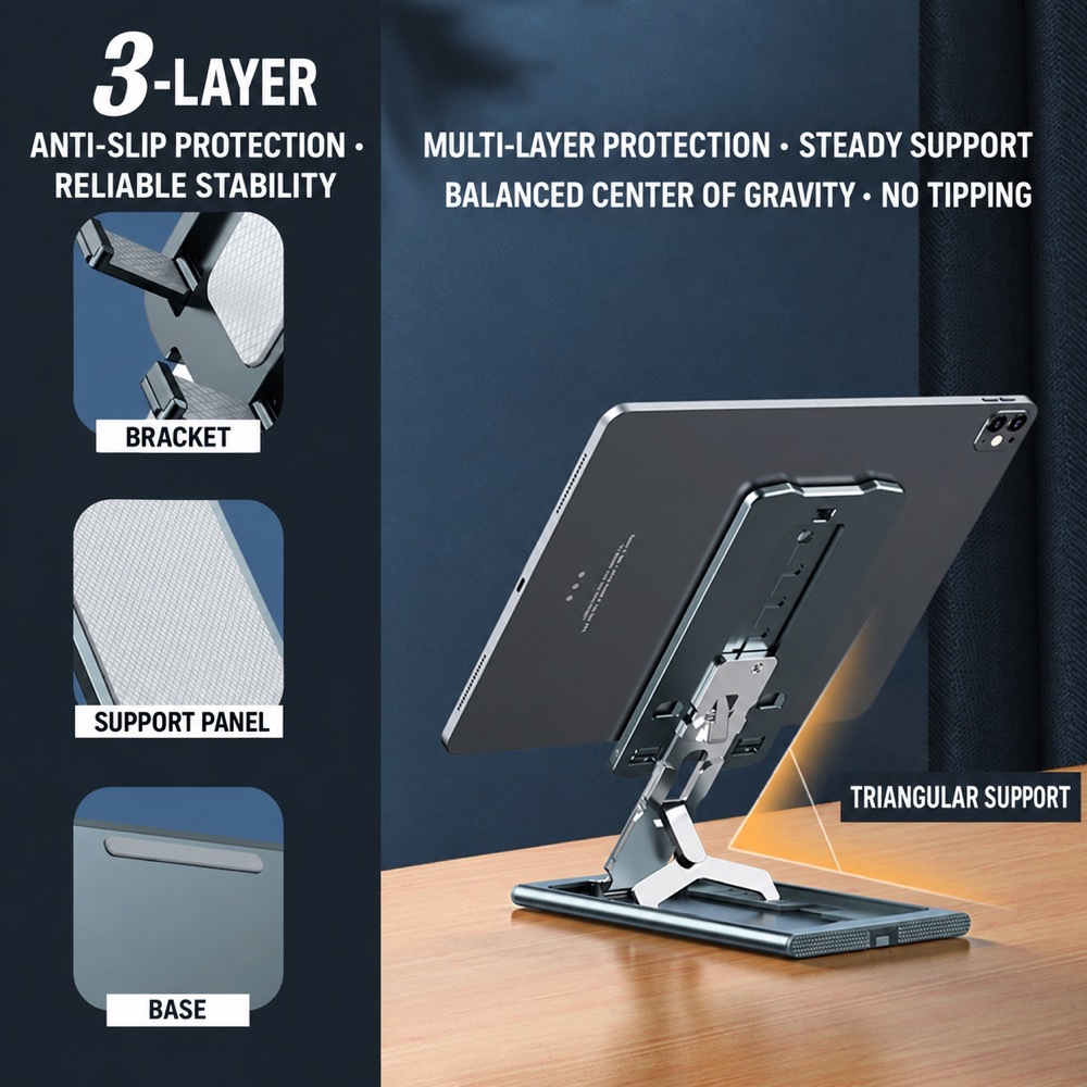Three-layer structure of the stand: anti-slip bracket, multi-layer support panel and weighted base for steady, no-tip support