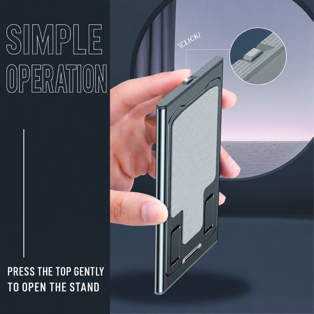 Hand pressing the top of the folded stand to open it in one simple motion