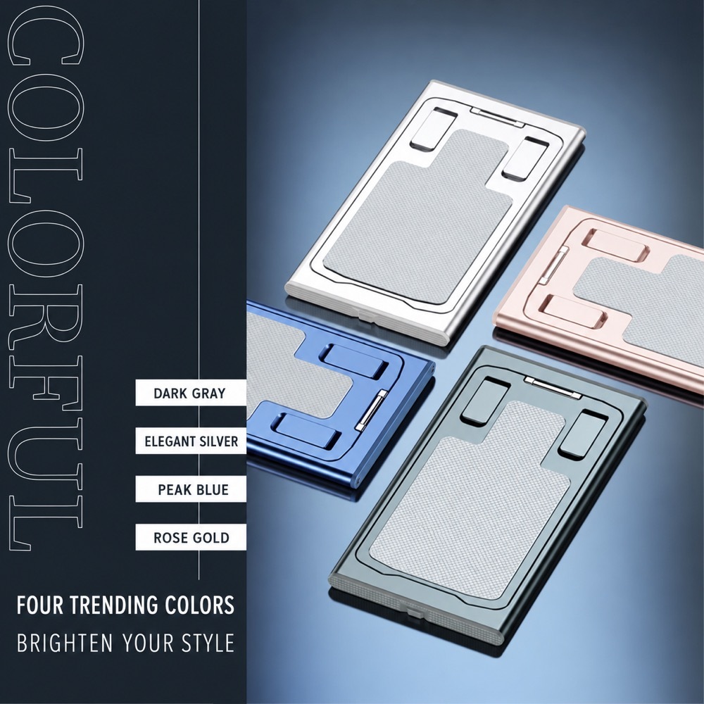 The foldable phone stand in four colours: dark gray, elegant silver, pearl blue and rose gold
