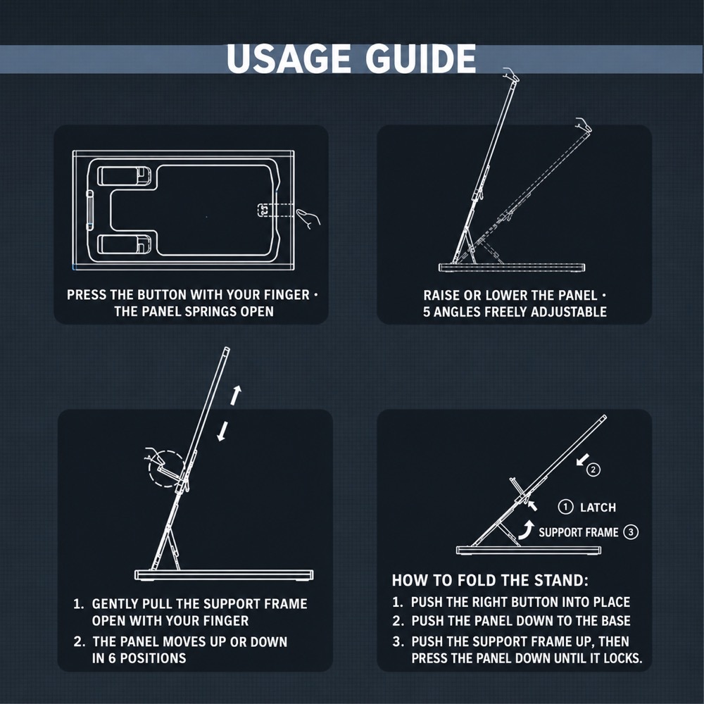Usage guide showing how to open the support frame, adjust the panel across six angles and fold the stand back down