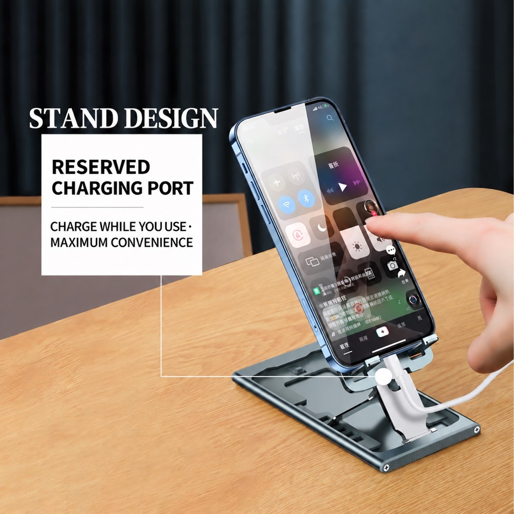 Phone charging on the stand through the reserved charging port, with the triangular aluminium-alloy support frame visible