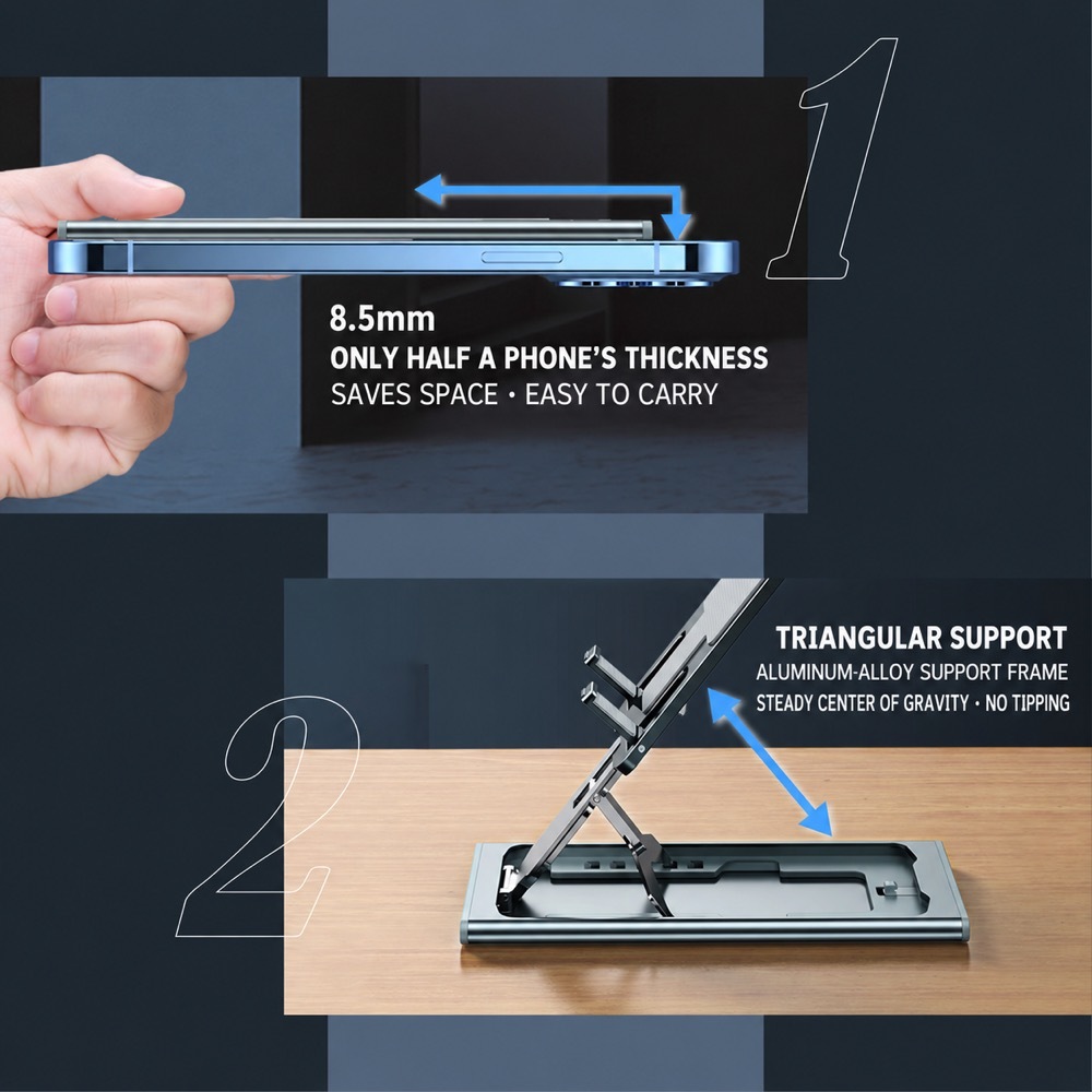 Folded stand measuring 8.5 mm thick, only half a phone thickness, shown beside a triangular support frame diagram