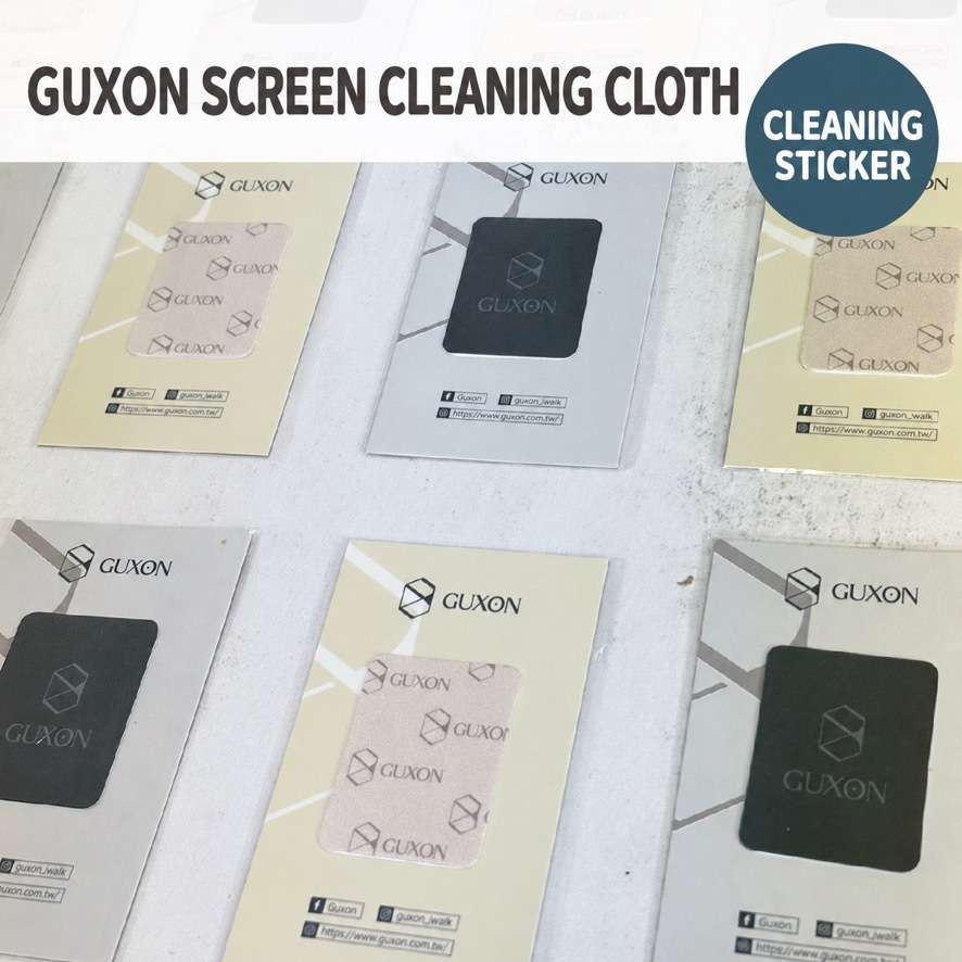 GUXON stick-anywhere screen cleaning cloth sheets in several colours, each with a reusable cleaning sticker