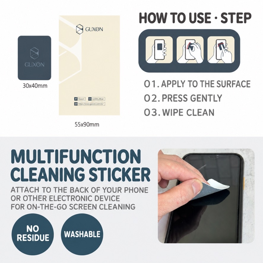 Cleaning sticker sizes 30x40 mm and 55x90 mm with a three-step how-to-use guide: apply to the surface, press gently and wipe clean