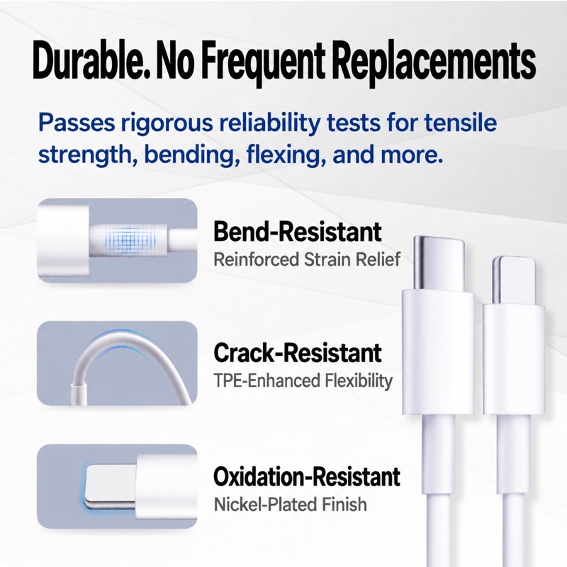 Durability panel: the cable passes tensile, bending and flexing reliability tests and is bend-resistant, crack-resistant and oxidation-resistant