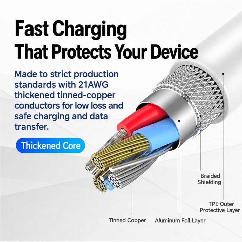 Cut-away of the cable core showing 21AWG thickened tinned-copper conductors, braided shielding and TPE outer protective layer for fast, safe charging