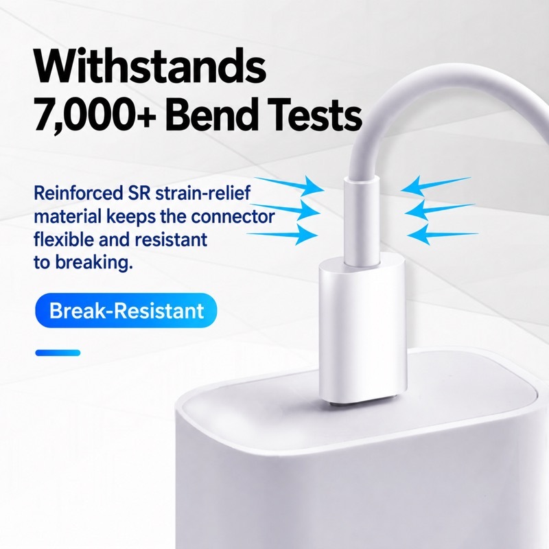 The cable connector withstands over 7,000 bend tests thanks to reinforced SR strain-relief material