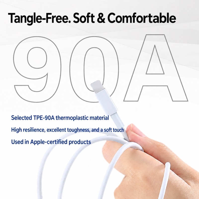 Tangle-free TPE-90A thermoplastic cable shown being bent by hand, soft and comfortable to handle